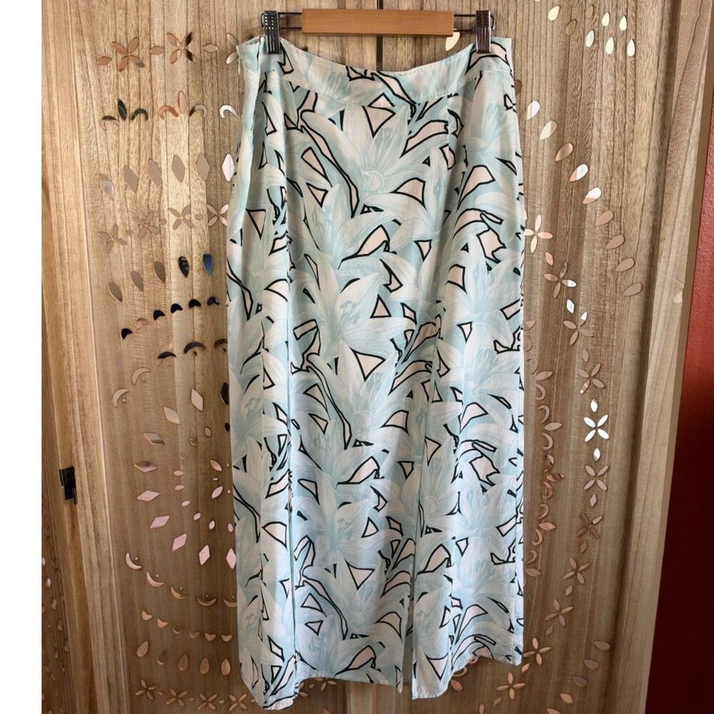 SILVAE Silk Floral Double Slit Midi Skirt in Light Blue Size M